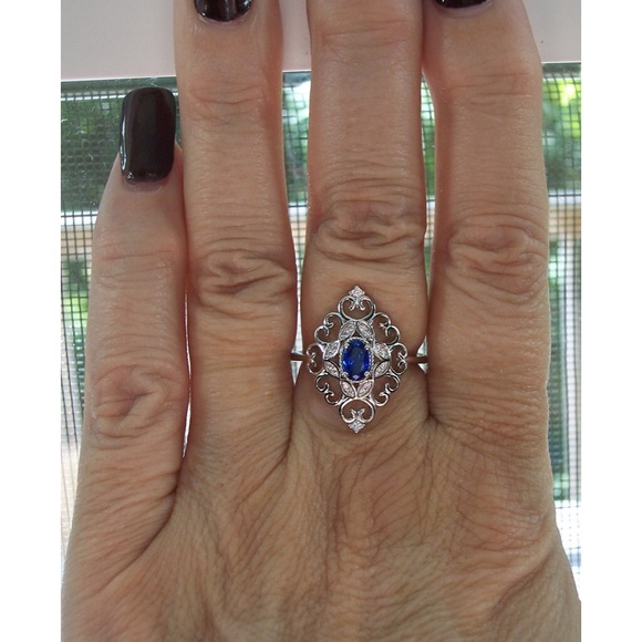 925 STERLING SILVER Simulated Blue Sapphire Cubic Zirconia Filigree Ring - Picture 11 of 16